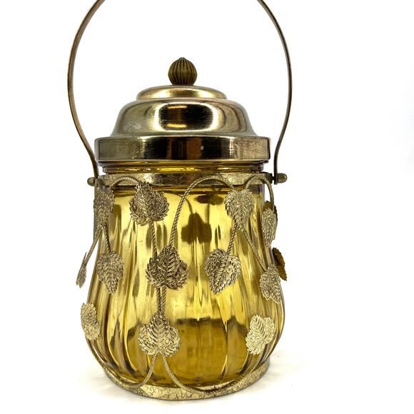 VTG Amber Glass Biscuit Jar Music Box Lid plays Love Story Metal Leaf Overlay - Picture 2 of 7